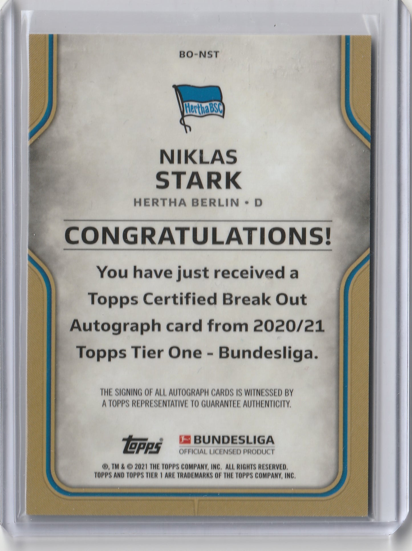Topps Bundesliga Tier One - Break Out - Autograph - Niklas Stark 049/125, #BO-NST