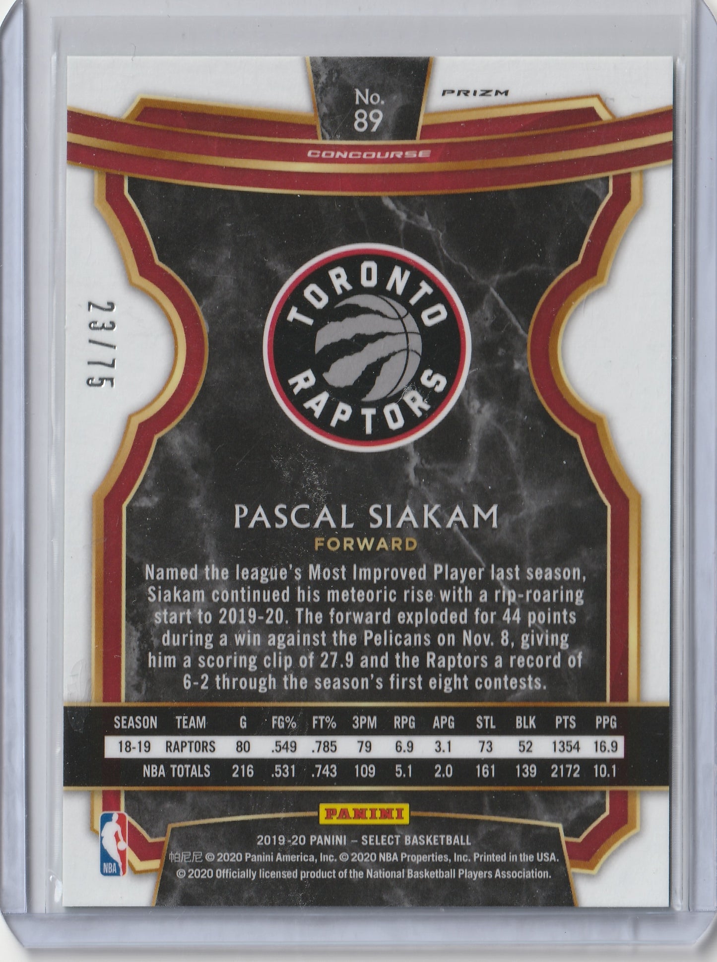 2019-20 Panini Select Basketball - Neon Green Prizm - Pascal Siakam 23/75, #89
