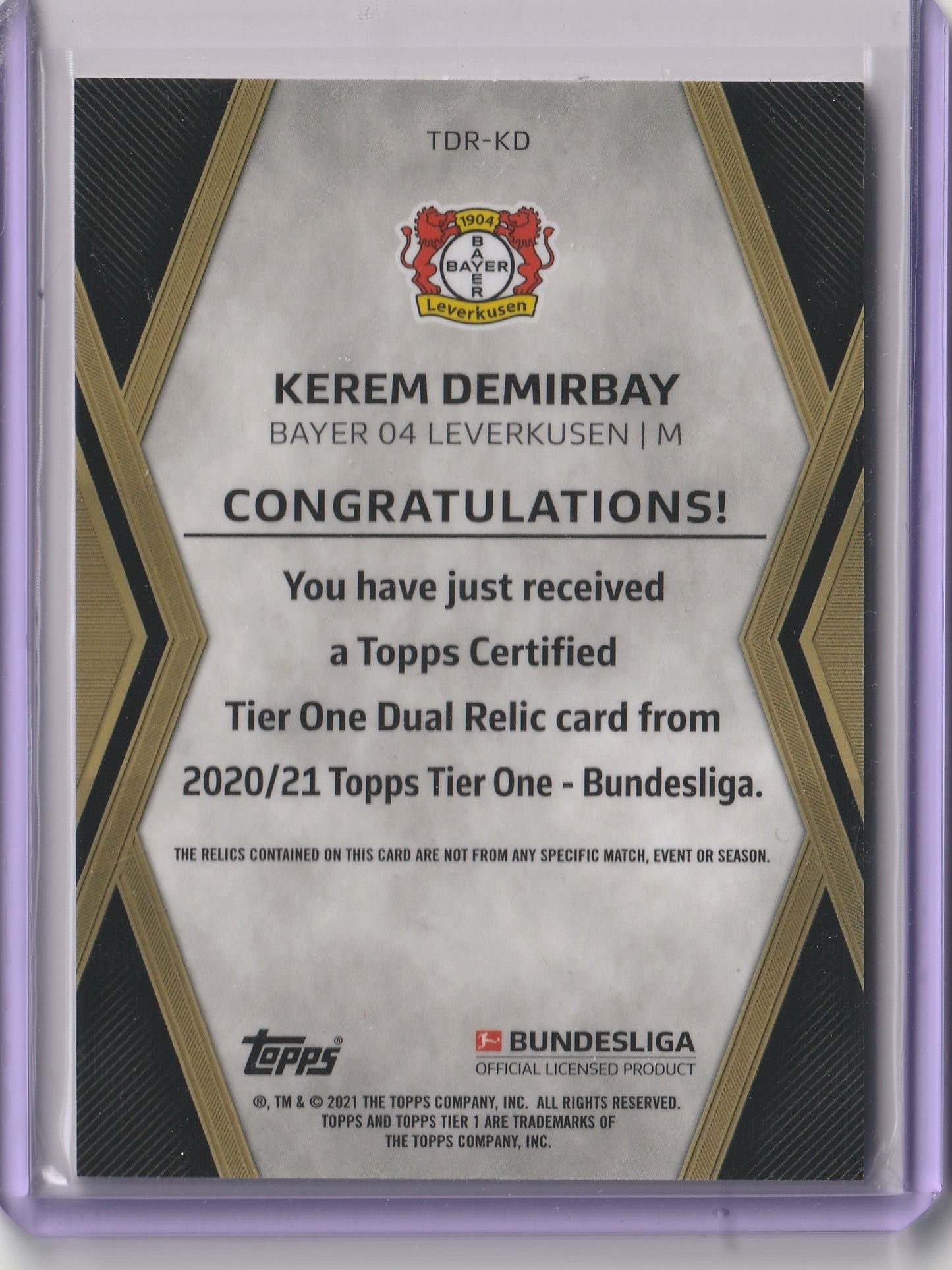 2020-21 Topps Tier One Bundesliga - Dual Relic - Kerem Demirbay 25/25, #TDR-KD
