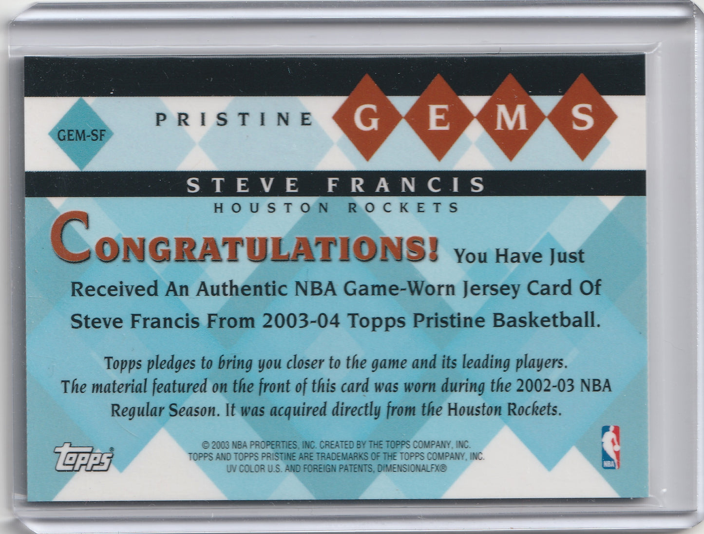 2003-04 Topps Pristine - Pristine Gems - Steve Francis, #GEM-SF