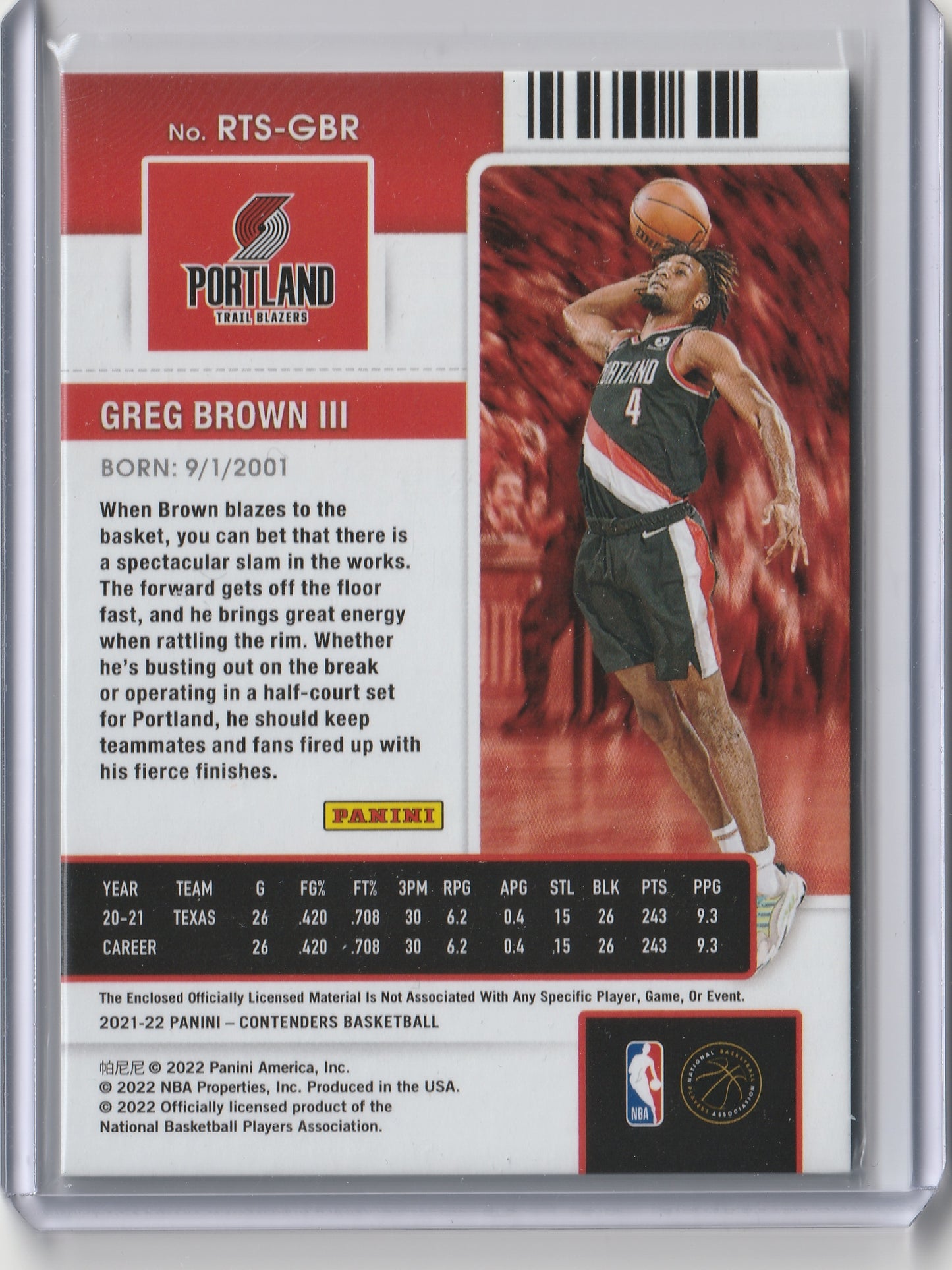 2021-22 Panini Contenders - Rookie Ticket Swatches - Green Ice - Greg Brown III, #RTS-GBR