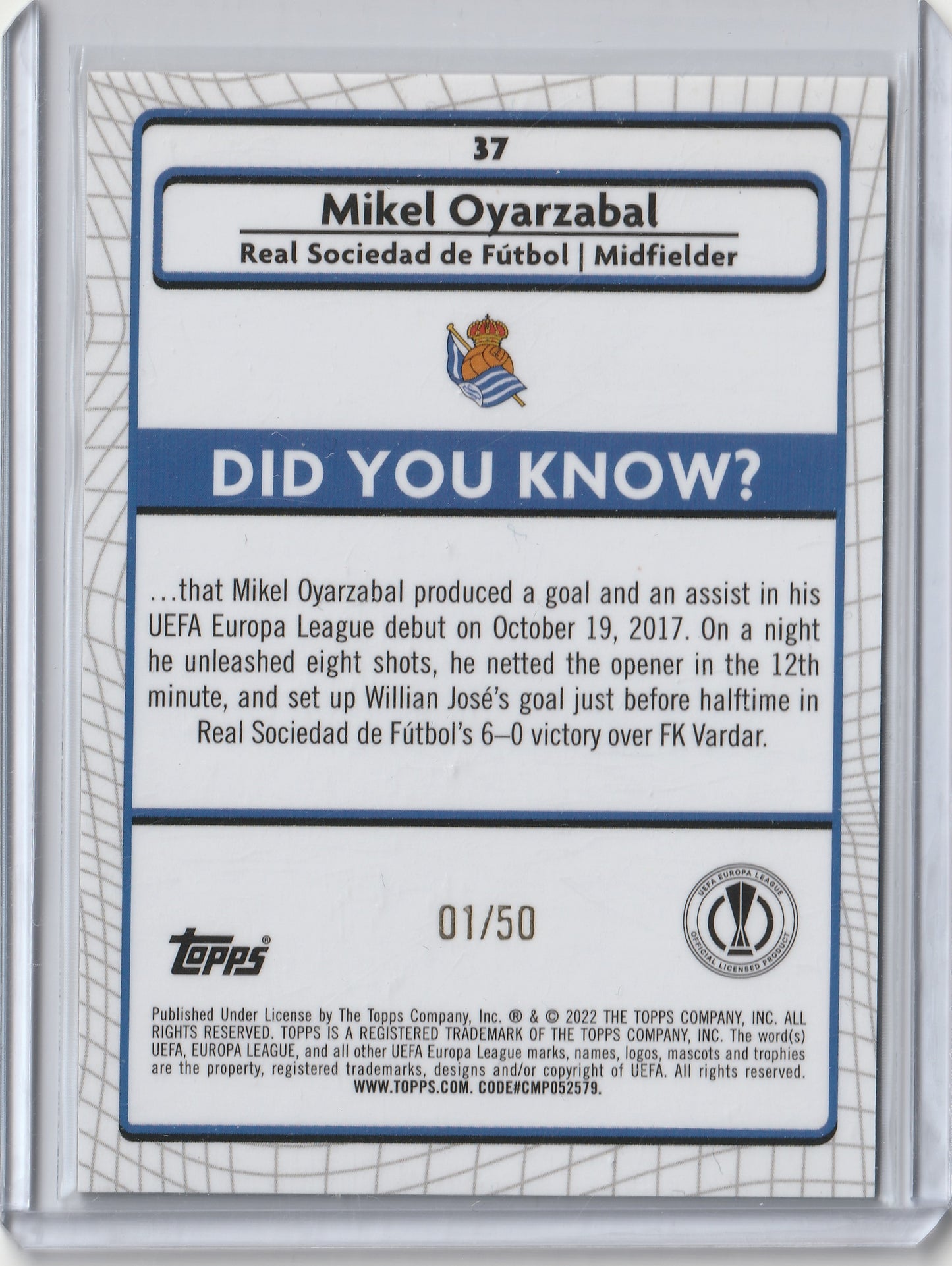 2021-22 Topps Merlin Collection Chrome UCL - Gold Atomic Refractor - Mikel Oyarzabal 01/50, #37