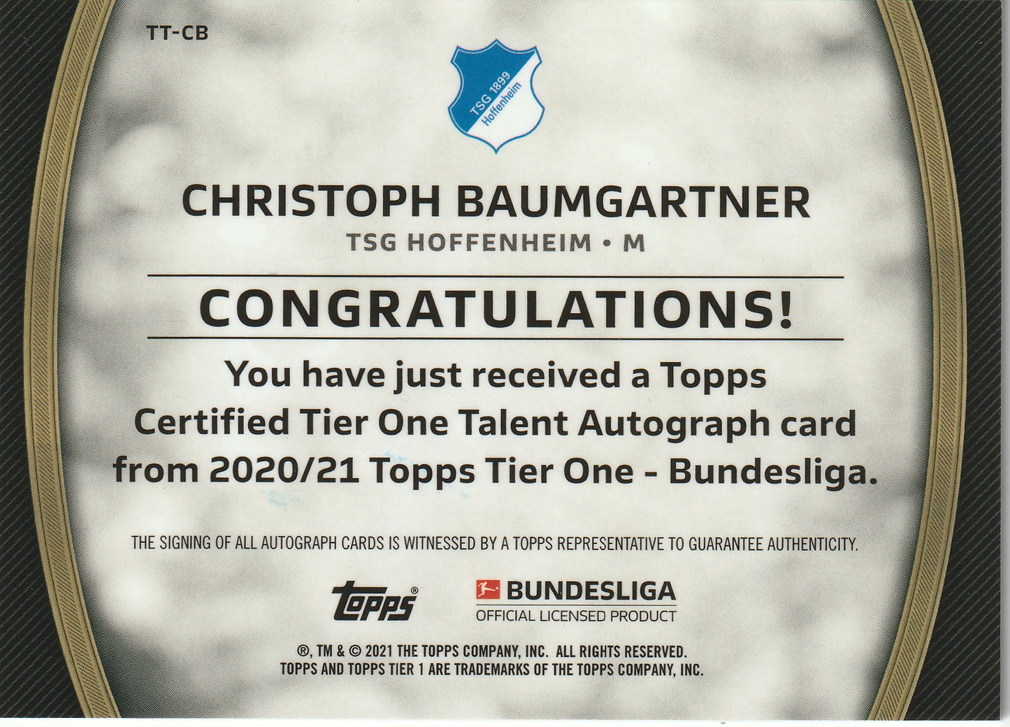 Christoph Baumgartner 2020/21 Topps Tier One Bundesliga Talent Autograph Black 10/25 #TT-CB Fiedler24