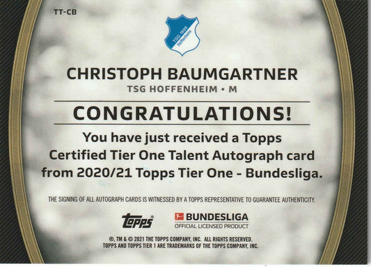 Christoph Baumgartner 2020/21 Topps Tier One Bundesliga Talent Autograph Black 10/25 #TT-CB