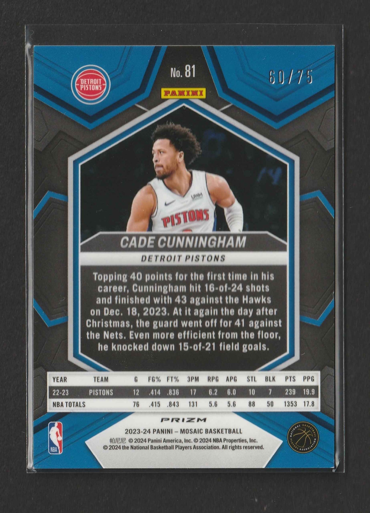 Cade Cunningham 2023/24 Panini Mosaic International Red Mosaic Prizm 60/75 #81