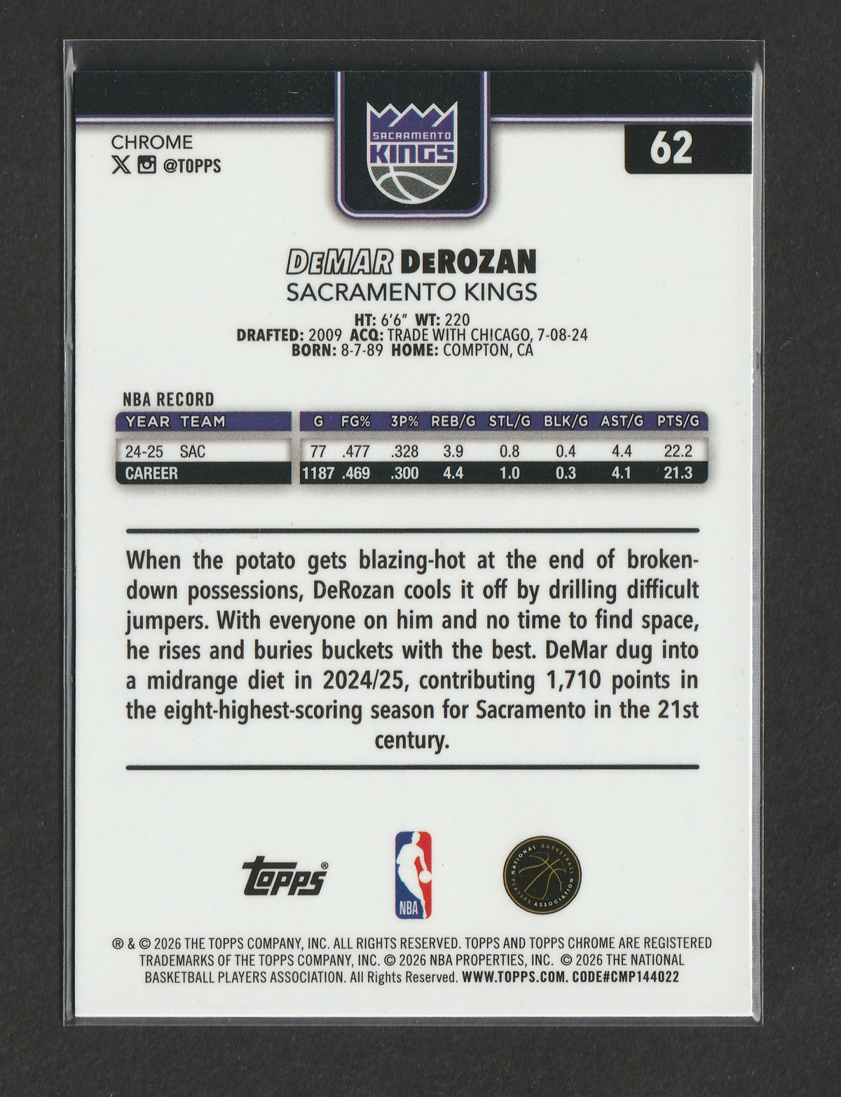DeMar DeRozan 2025-26 Topps Chrome Update Series Yellow RayWave Refractor 001/275 #62
