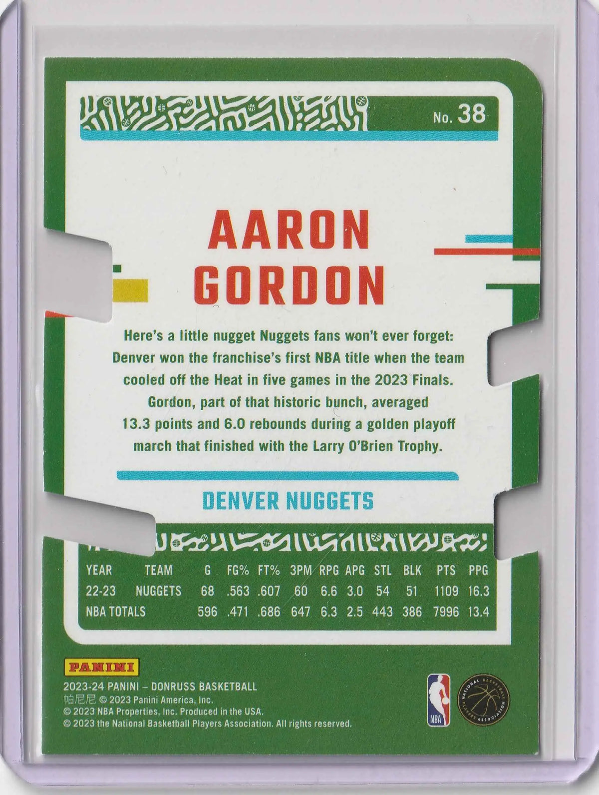 Grüne und weiße nba trading card mit aaron gordon von den denver nuggets in rot und teal accentuierter panini donruss gold press proof die cut 15 von 25 nummer 38