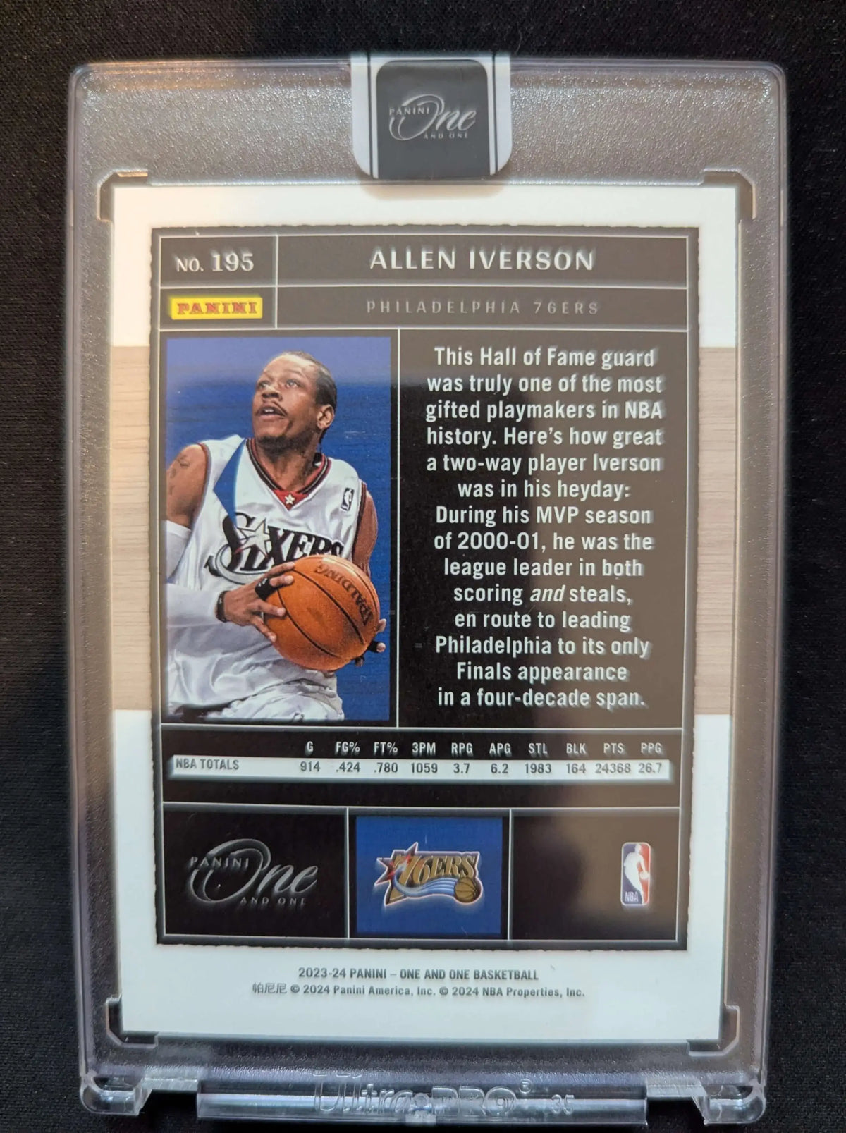 Allen iverson 2023-24 panini one and one purple refractor basketball trading card 05/25 in schützender hülle