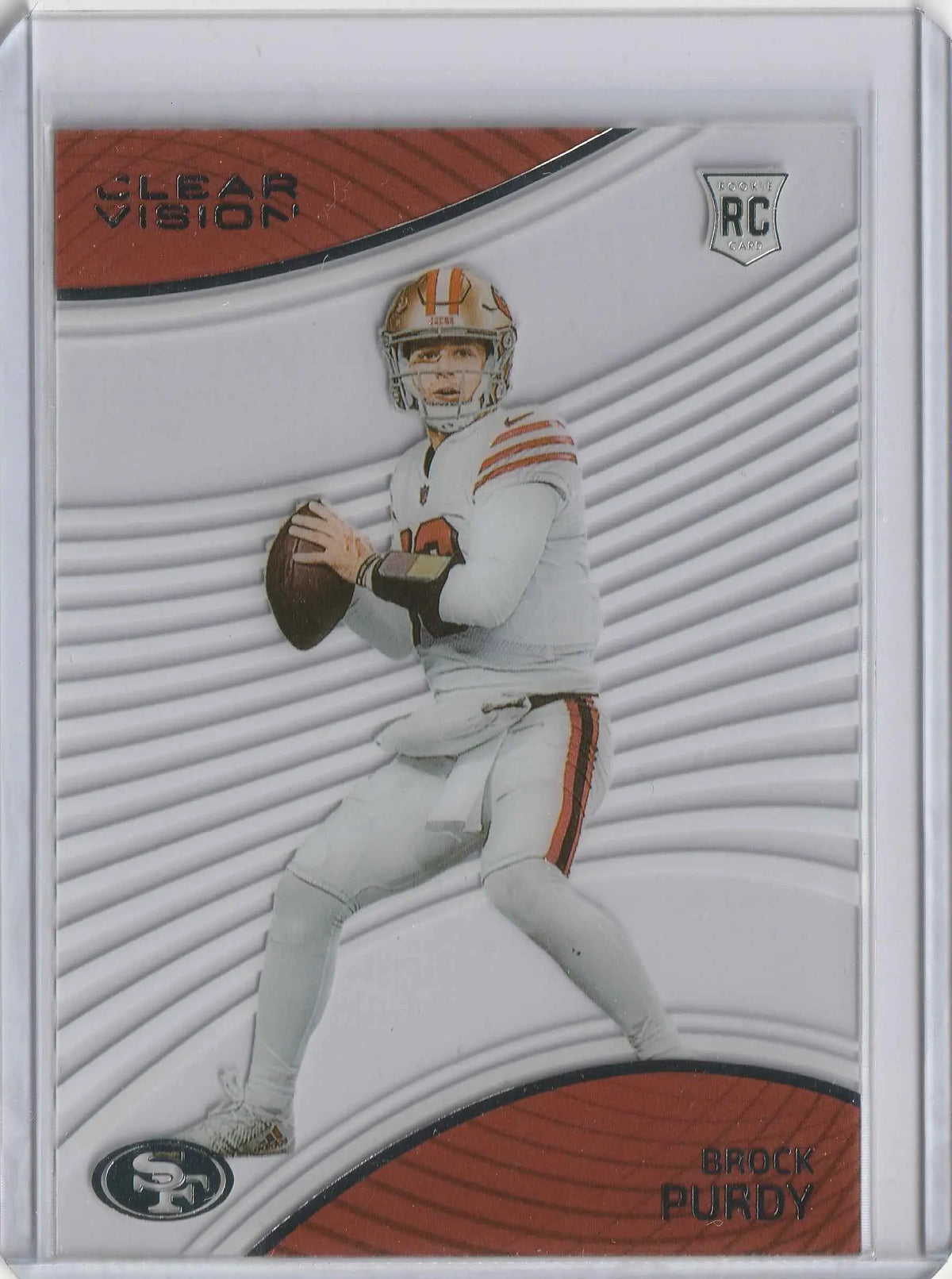 Brock purdy 2022 panini chronicles clear vision rookie card mit weißem und orangefarbenem design