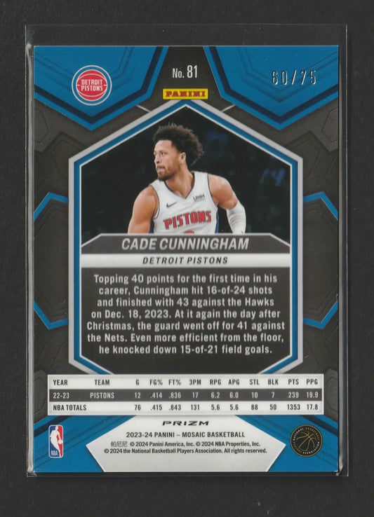 Blue and black hexagonal-bordered basketball trading card of cade cunningham in white detroit pistons jersey