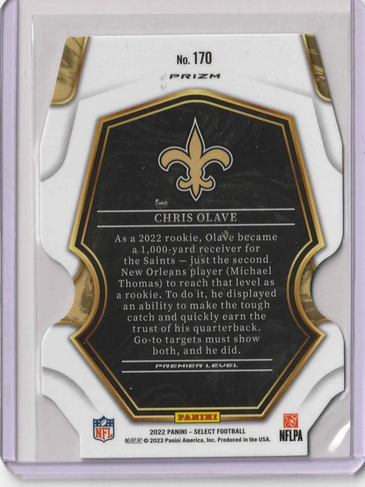 Schwarze und goldene sechseckige football trading card mit new orleans saints logo und unterschrift von chris olave