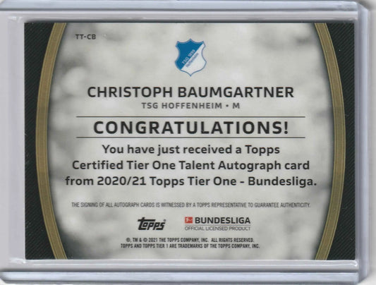 Silber-schwarze topps zertifizierte tier one autograph karte von christoph baumgartner von tsg hoffenheim