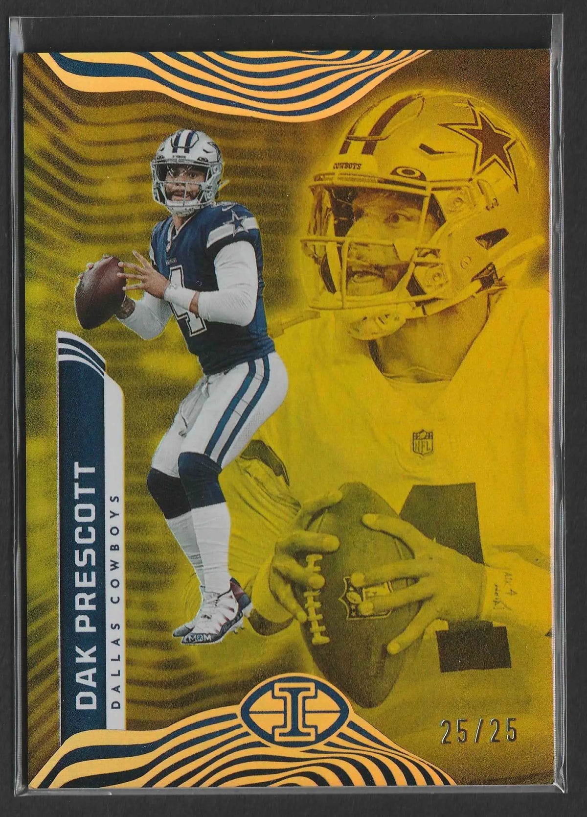 Dak prescott dallas cowboys trading card 2022 panini illusions trophy collection gold 25 von 25 mit gelb schwarzem wellenmotiv
