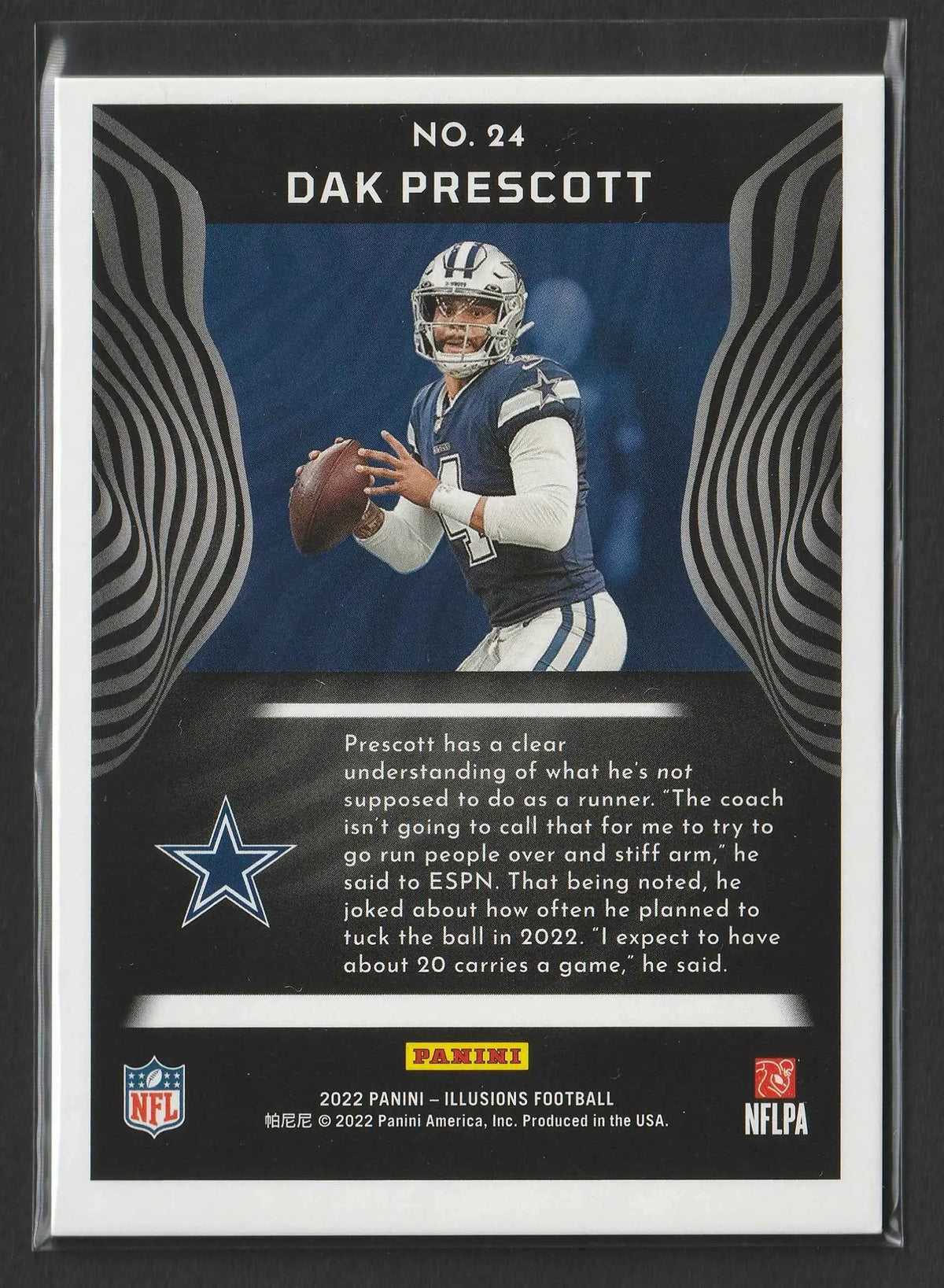 Schwarze und silberne panini 2022 illusions football trading card von dak prescott im dallas cowboys uniform 25 von 25