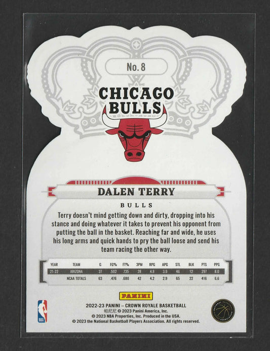 Roter und schwarzer chicago bulls trading card mit stilisiertem bull logo und detaillierten stats von spieler dalen terry