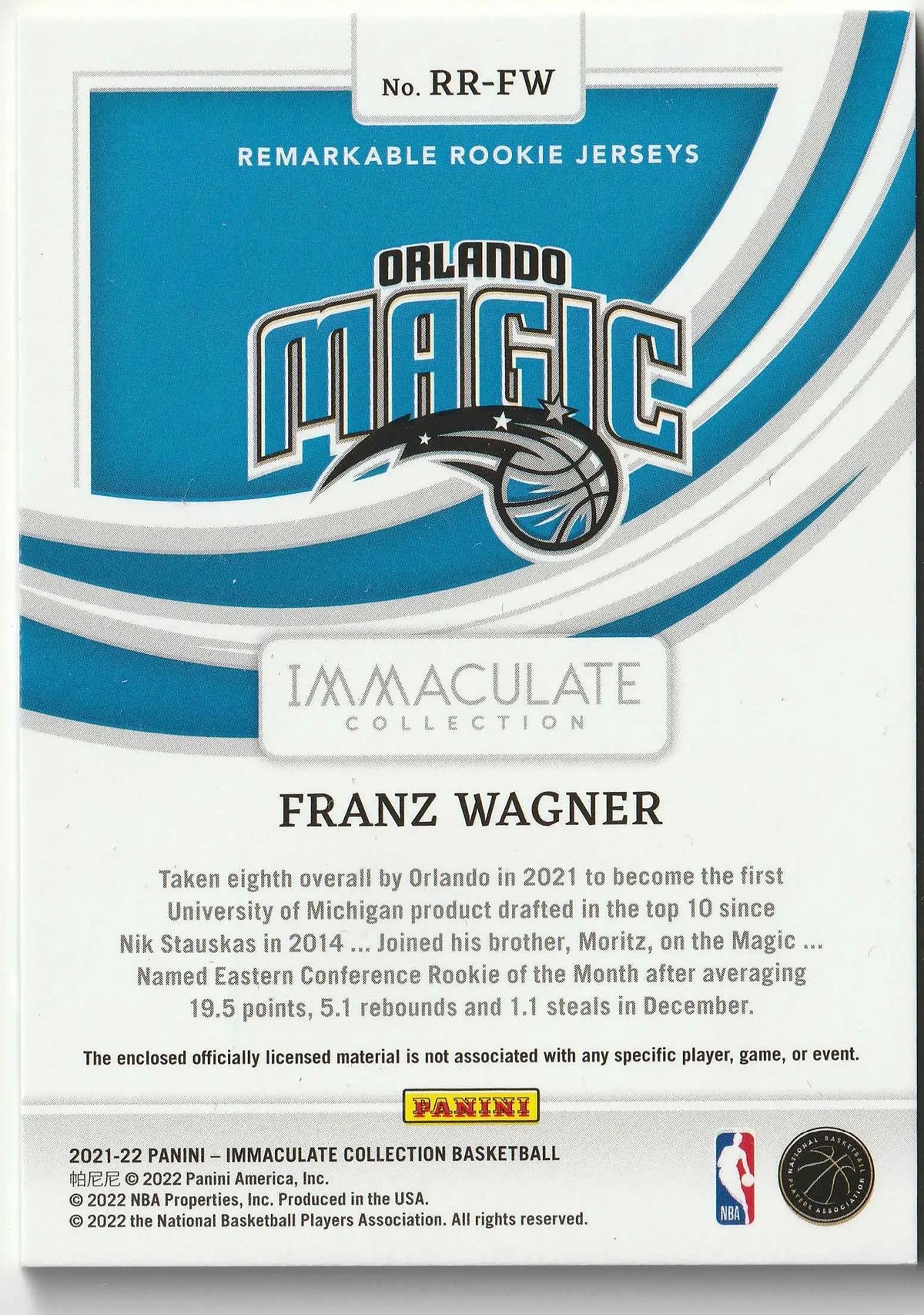 Blaue und weiße orlando magic basketball trading card mit franz wagner aus der 2021-22 panini immaculate collection