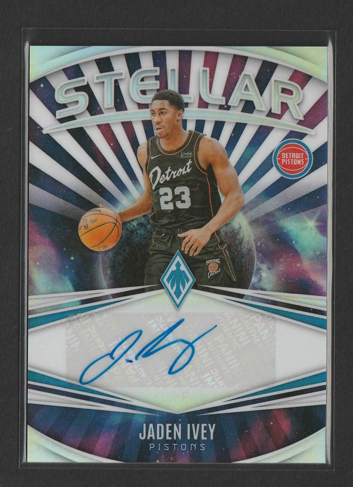 A signed jaden ivey basketball trading card in a black detroit pistons jersey with cosmic background from panini phoenix