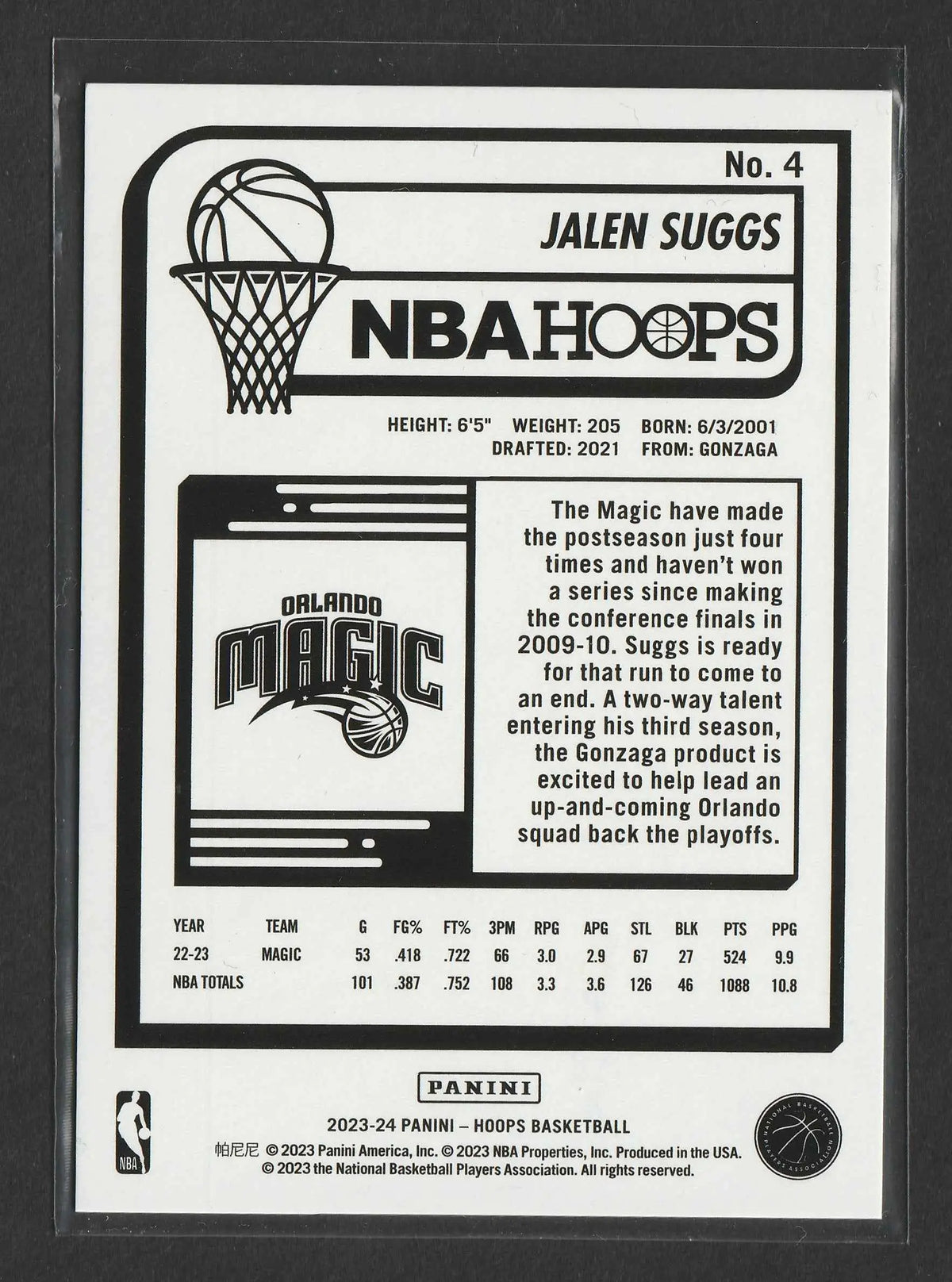 Schwarzweiß nba hoops trading card von jalen suggs orlando magic panini 2023-24 hyper gold 09 von 10 nummer 4