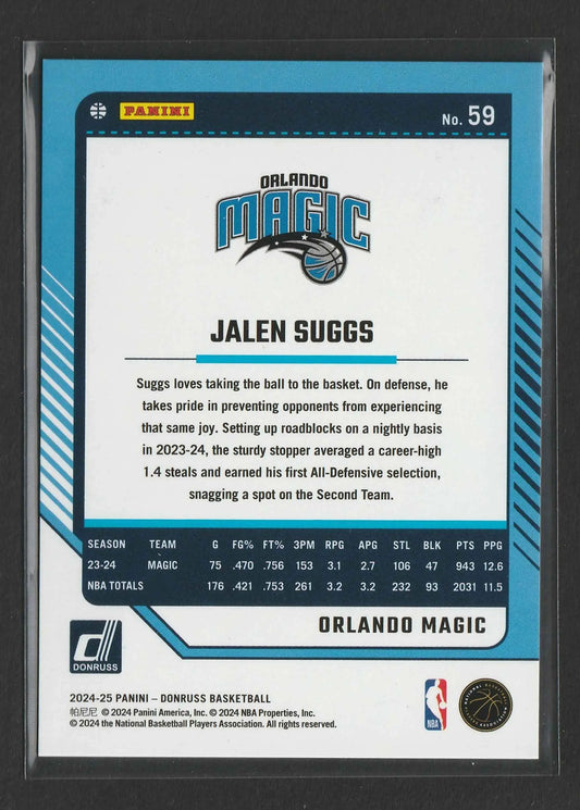 Blaue und weiße panini donruss basketball trading card von jalen suggs aus orlando magic, nummer 59, 31 von 49, 2024-25