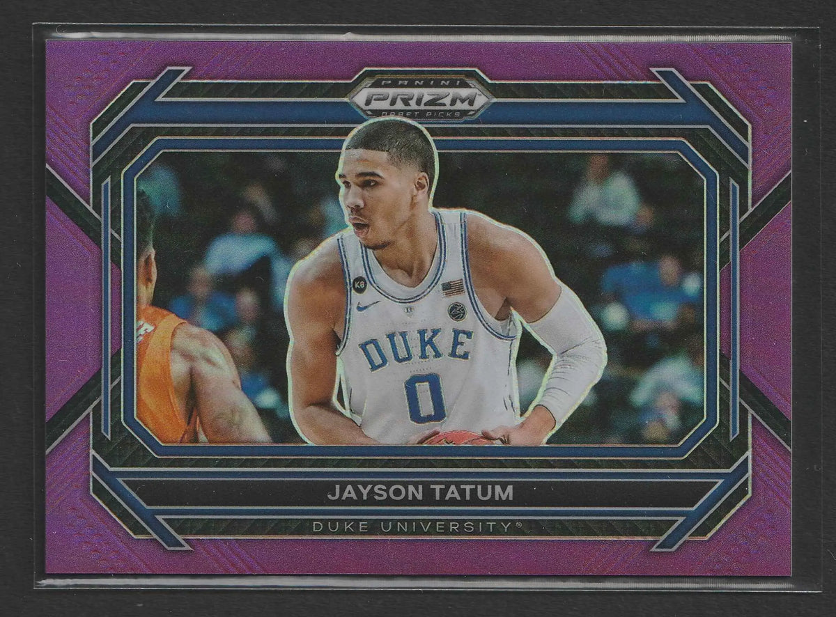 Violett und blau schimmernde prizm trading card von jayson tatum in weißem duke university trikot nummer 0 aus 2023 panini prizm draft picks 27 von 75 nummer 51