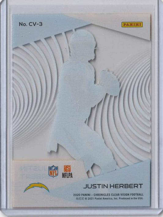 Weiße ausgeschnittene silhouette eines footballspielers auf justin herbert 2020 panini chronicles clear vision rookie karte cv-3