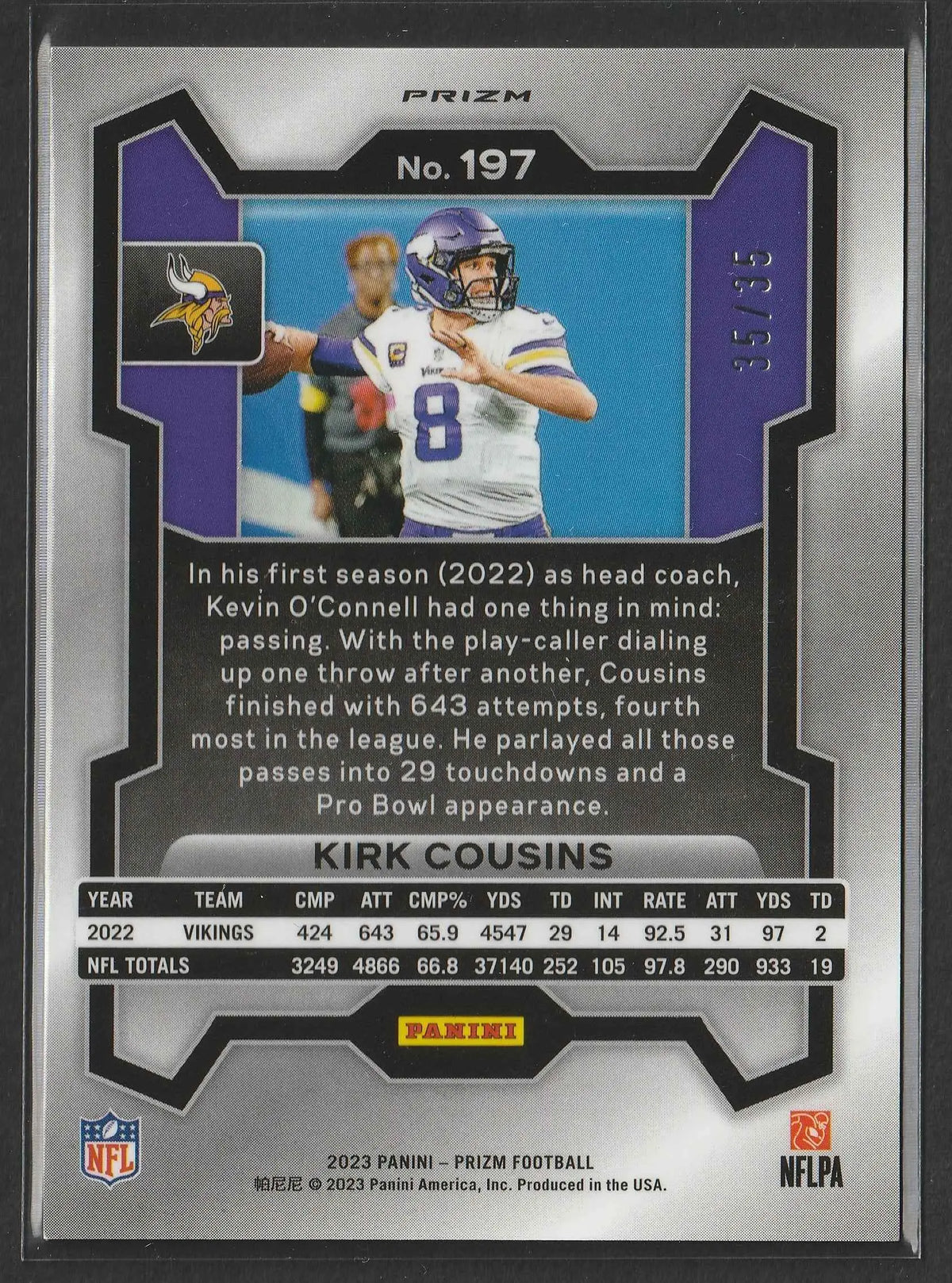 Silber und lila prizm football trading card mit kirk cousins in vikings uniform 2023 panini prizm red shimmer prizm 35 von 35 nummer 197