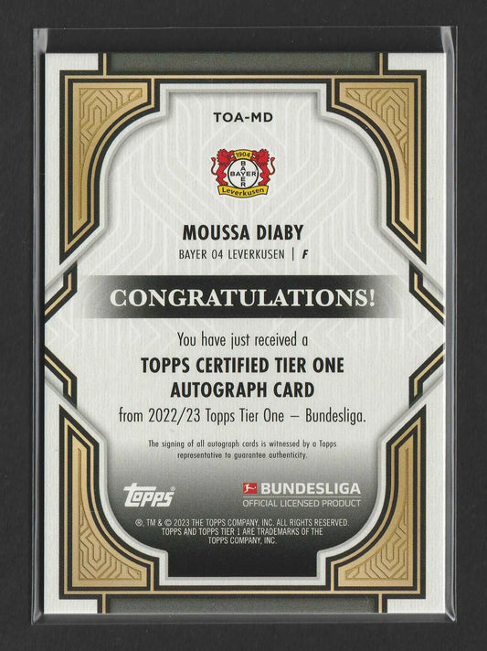 Silberner und schwarzer rahmen topps tier one autograph karte von moussa diaby bayer 04 leverkusen 22/23 saison