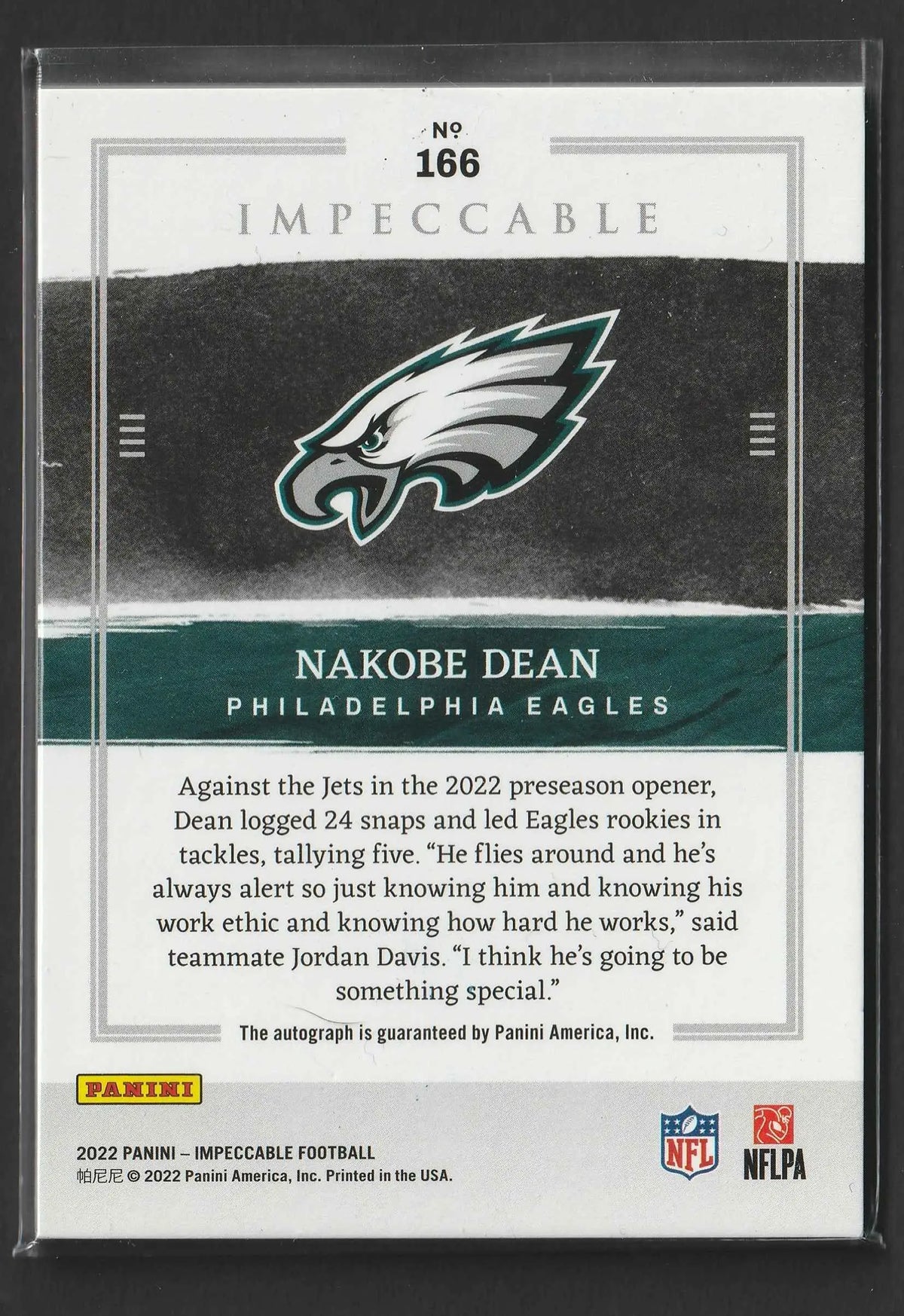 Philadelphia eagles football trading card featuring nakobe dean 2022 Panini impeccable rc 35/99 encased in clear plastic