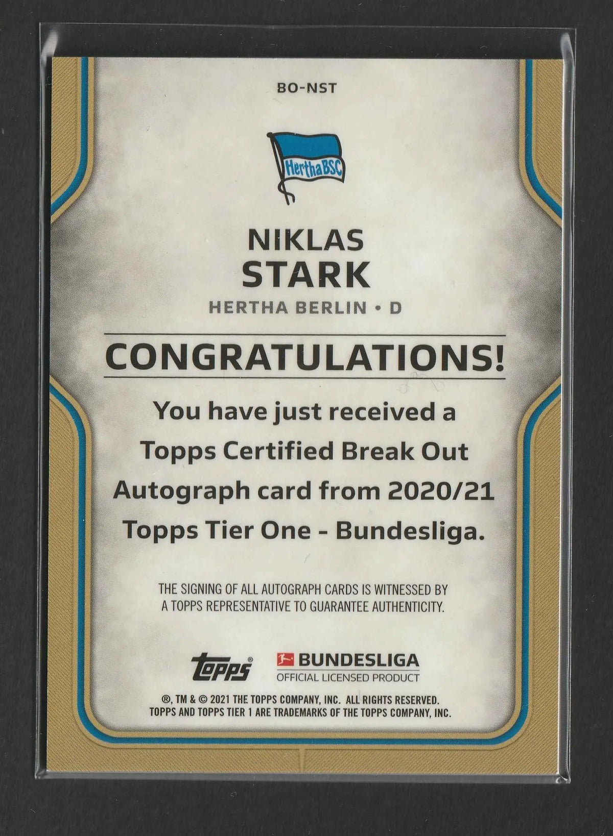 Silberne und goldgeränderte topps zertifizierte autograph karte von niklas stark für die bundesliga saison 2020 21