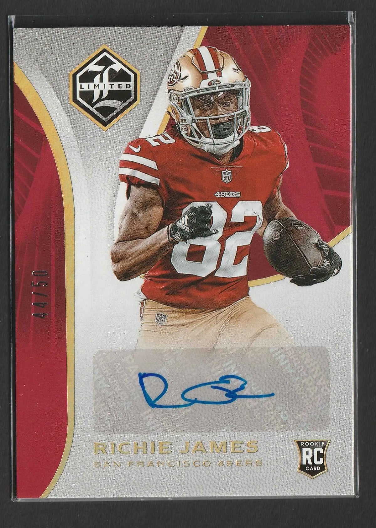 Limited edition rookie card von richie james in san francisco 49ers uniform mit autograph und rot silber gold design