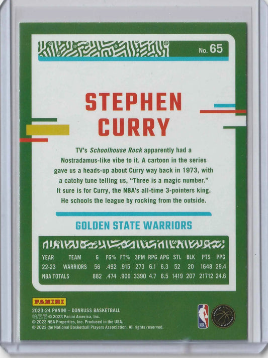 Grün-weiße basketball trading card von stephen curry mit rotem text aus der 2023-24 panini donruss serie
