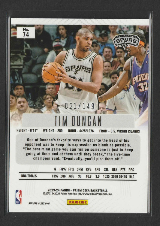 Silberne und schwarze san antonio spurs basketball trading card mit tim duncan im ikonischen trikot nr 21 aus panini prizm 2023-24