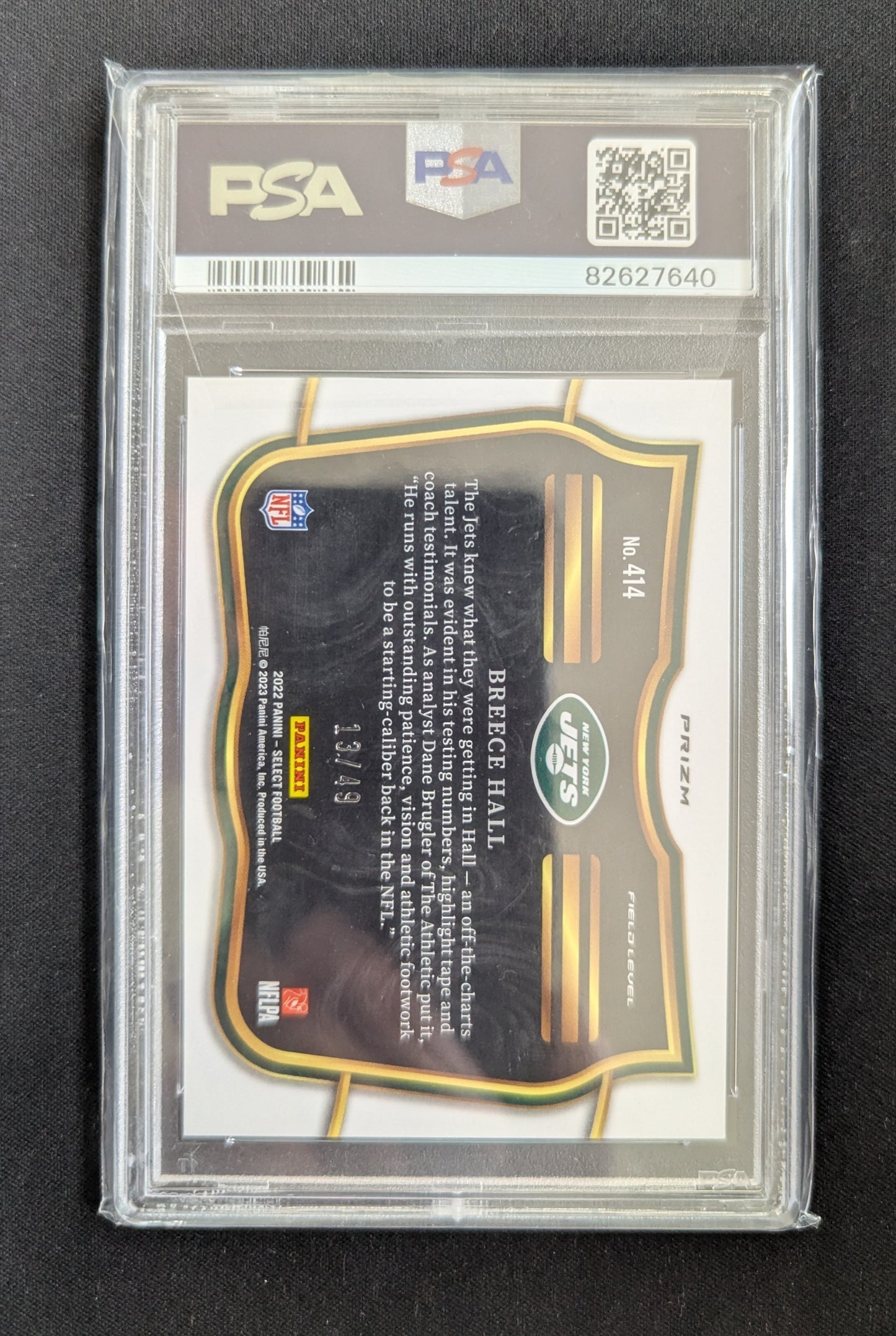 Breece Hall 2022 Panini Select Blue Prizm Field Level RC 13/49 PSA 10 #414