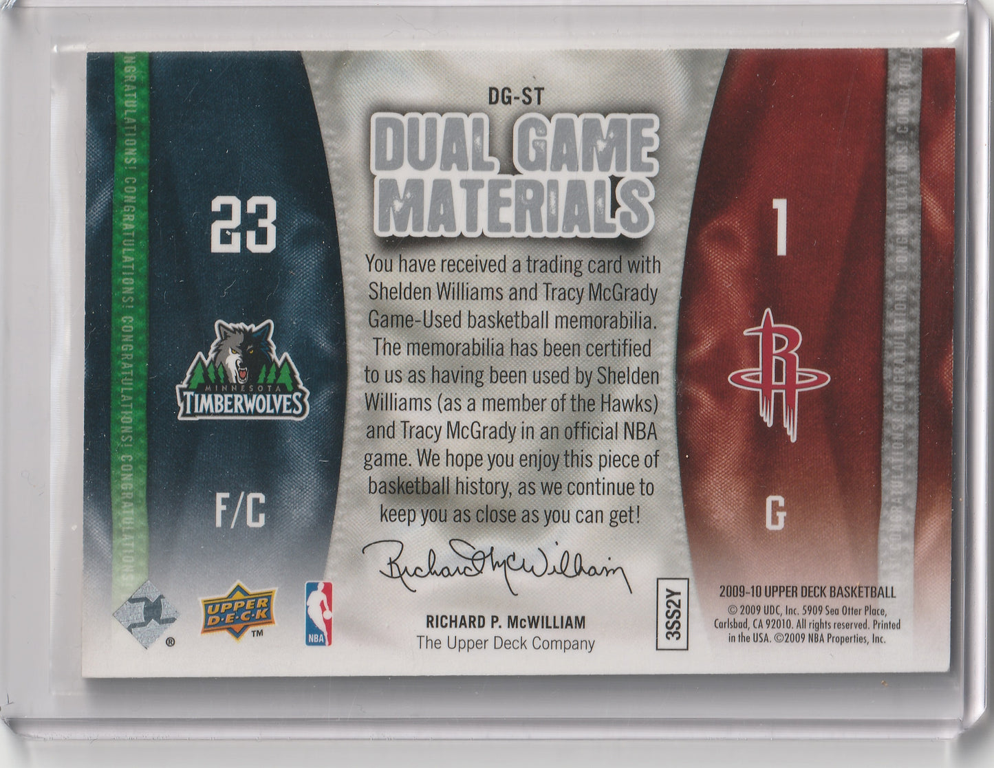 Upper Deck 2009-10 - Dual Game Materials - Tracy McGrady, S.Williams, GameUsed - #DG-ST