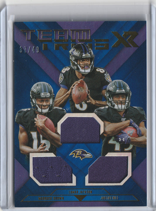 2019 Panini XR - Team Trios Materials - Blue - u.a. Lamar Jackson 37/49, #TT-BR - Player-Worn