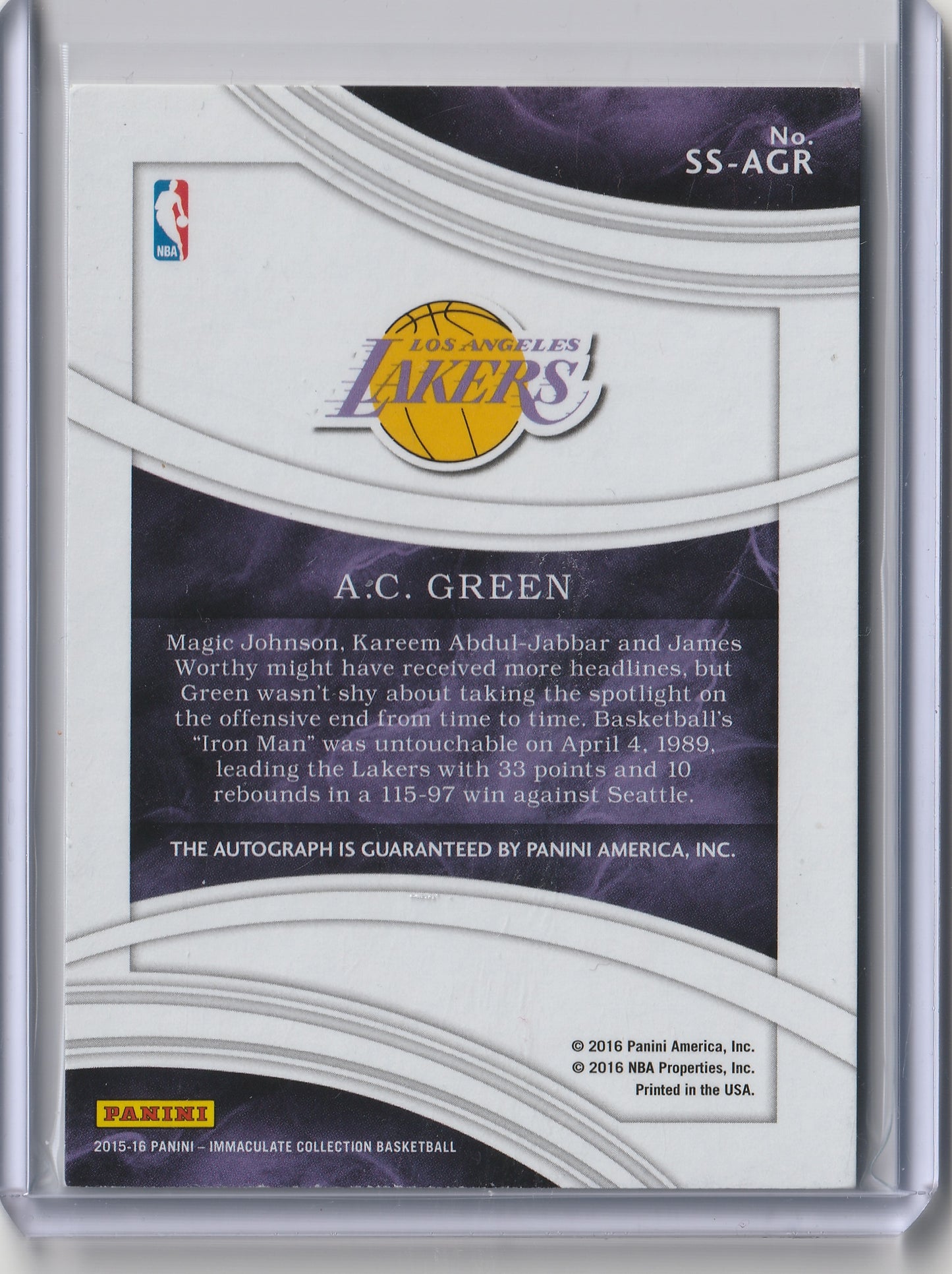 2015-16 Panini Immaculate - Shadowbox Signatures - A.C. Green 69/99, On Card