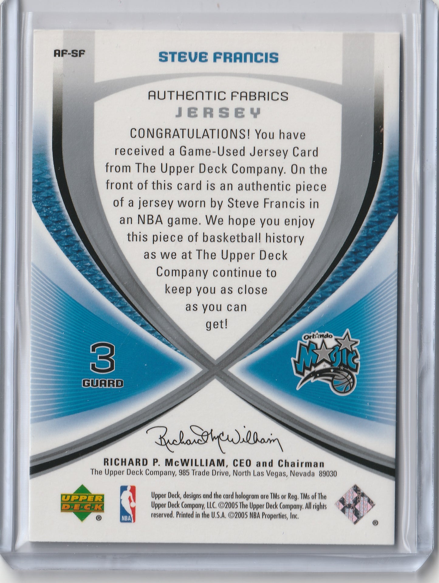 2005-06 SP Game Used Edition - Authentic Fabrics - Steve Francis, #AF-SF