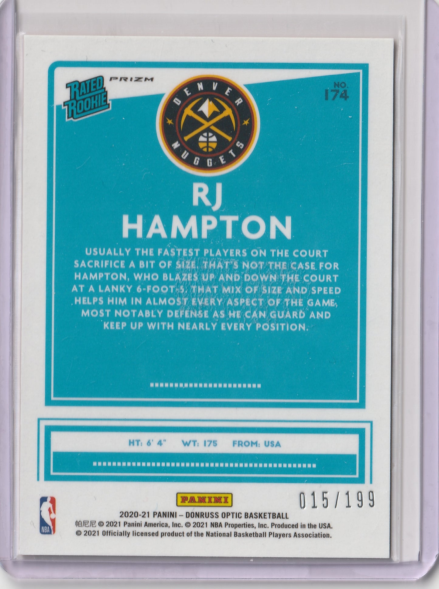 2020-21 Panini Donruss Optic - Orange Prizm - Rated Rookie - RJ Hampton 015/199, #174