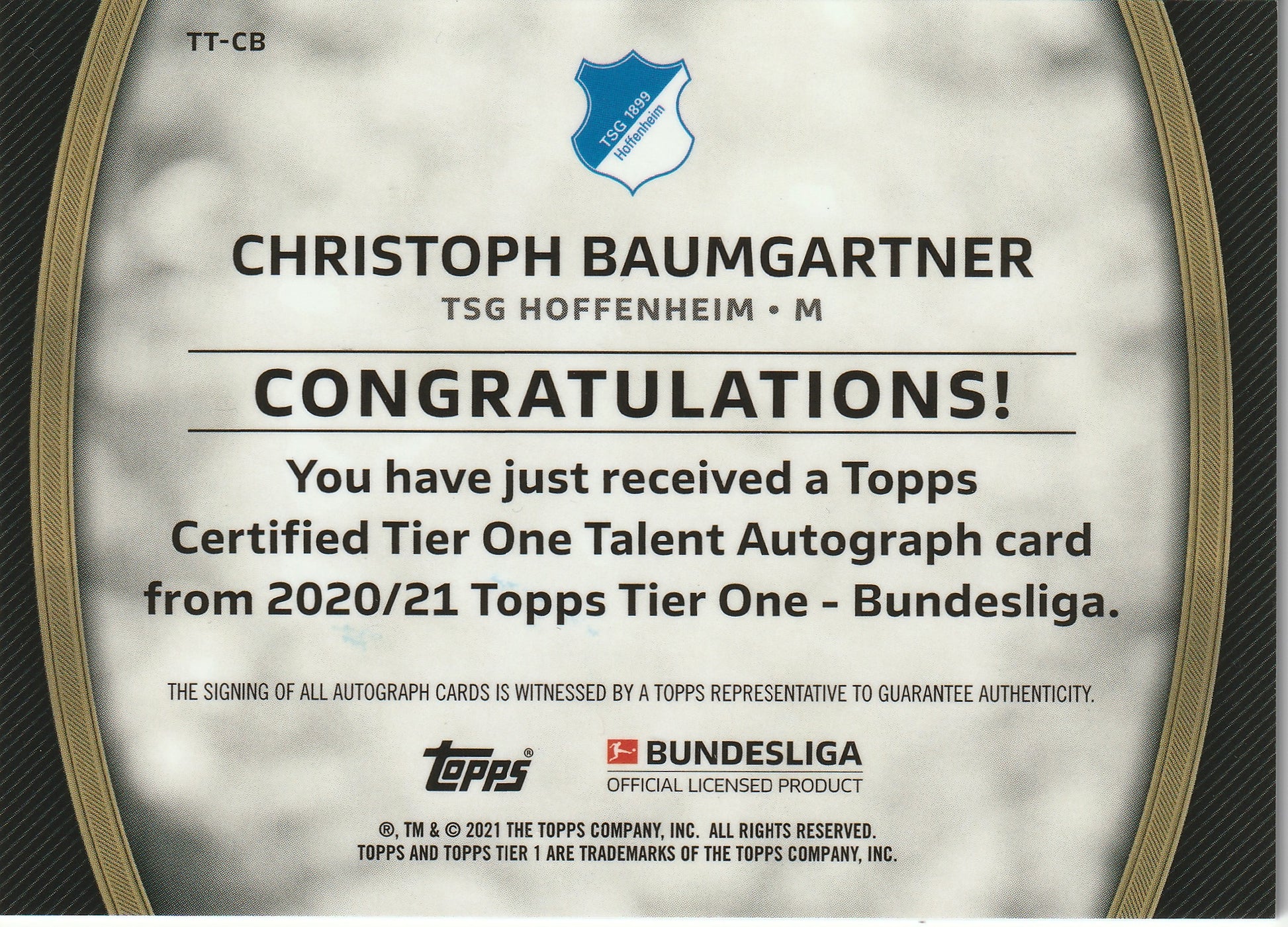 Christoph Baumgartner 2020/21 Topps Tier One Bundesliga Talent Autograph Black 10/25 #TT-CB Fiedler24