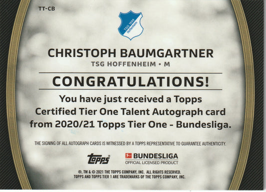 Christoph Baumgartner 2020/21 Topps Tier One Bundesliga Talent Autograph Black 10/25 #TT-CB Fiedler24