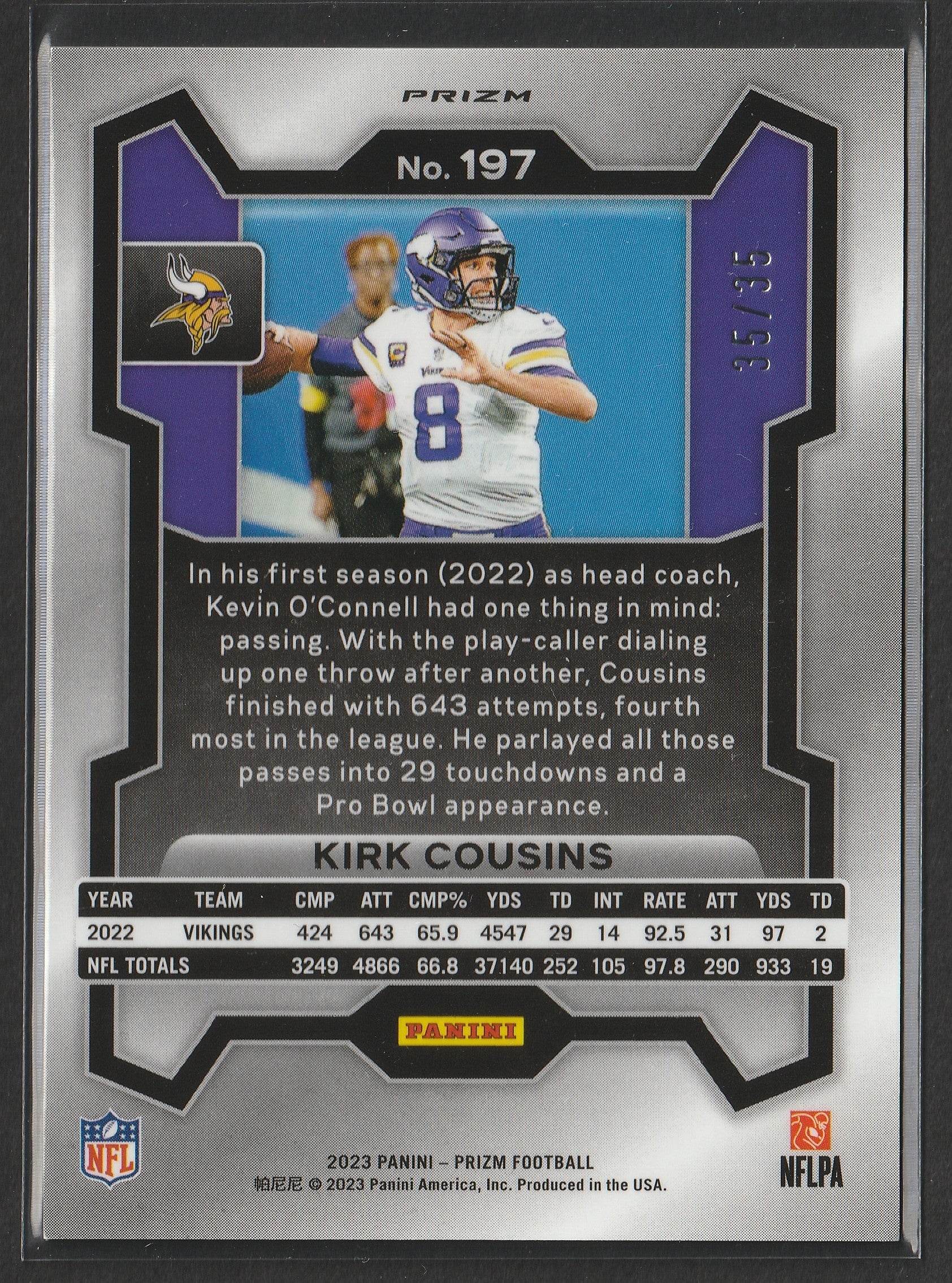 Kirk Cousins 2023 Panini Prizm Red Shimmer Prizm 35/35 #197 Fiedler24