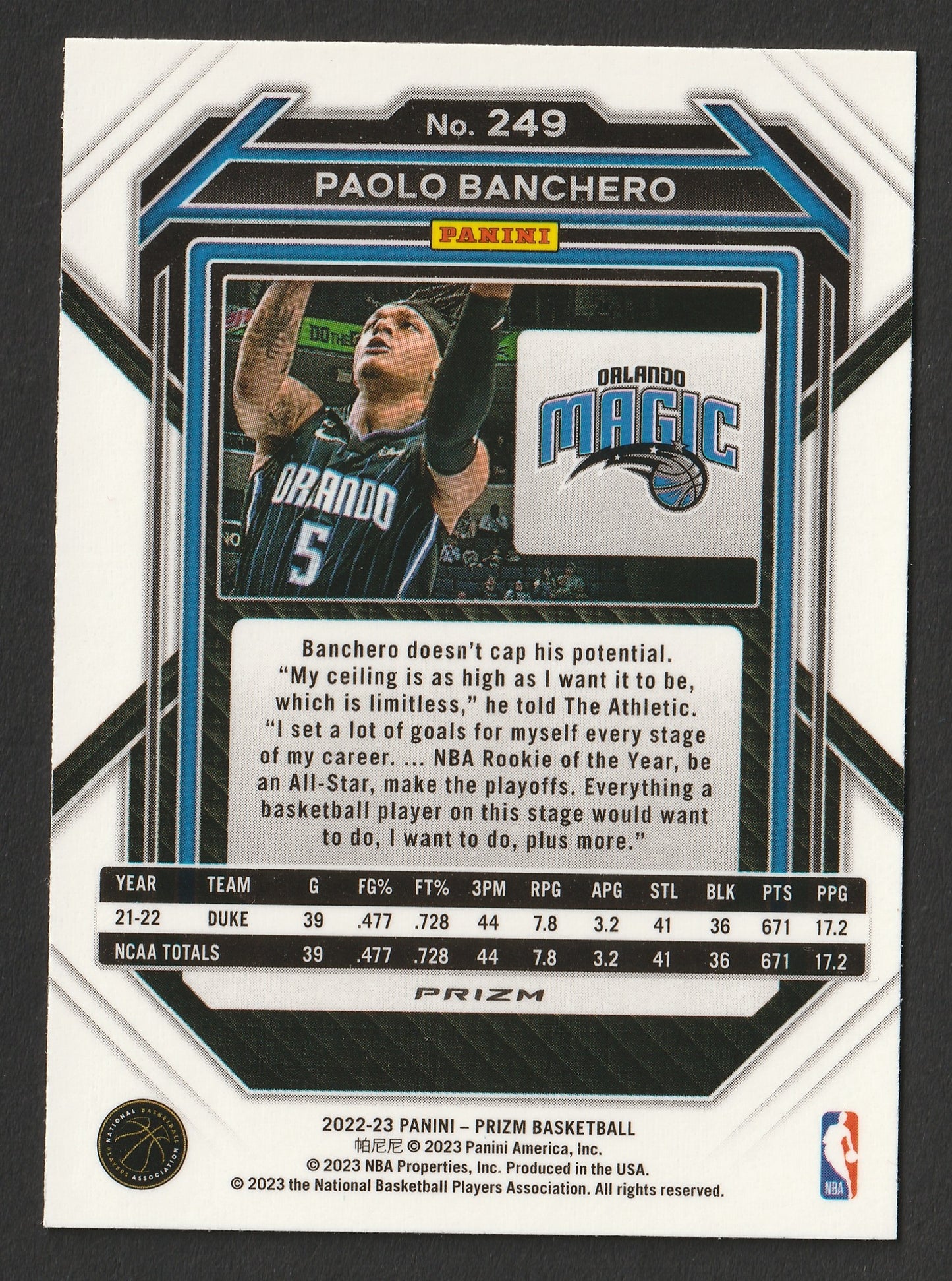 Paolo Banchero 2022/23 Panini Prizm Green Prizm RC #249 Fiedler24