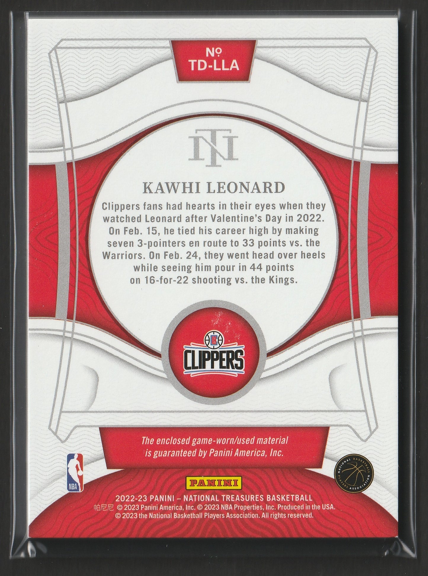 Kawhi Leonard 2022/23 National Treasures Threads 50/99 #TD-LLA Game-Worn Fiedler24