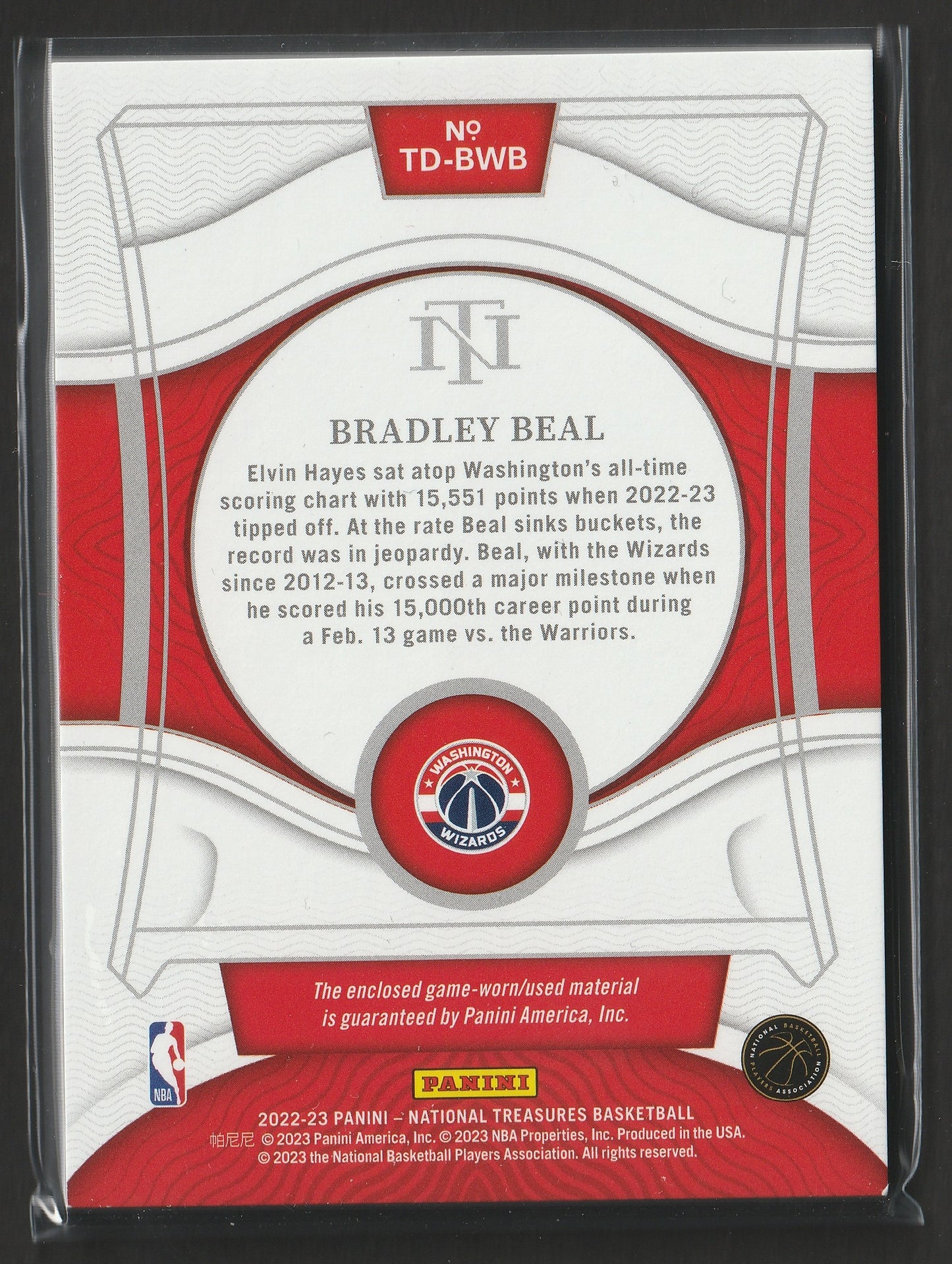 Bradley Beal 2022/23 National Treasures Threads 96/99 #TD-BWB Game-Worn Fiedler24