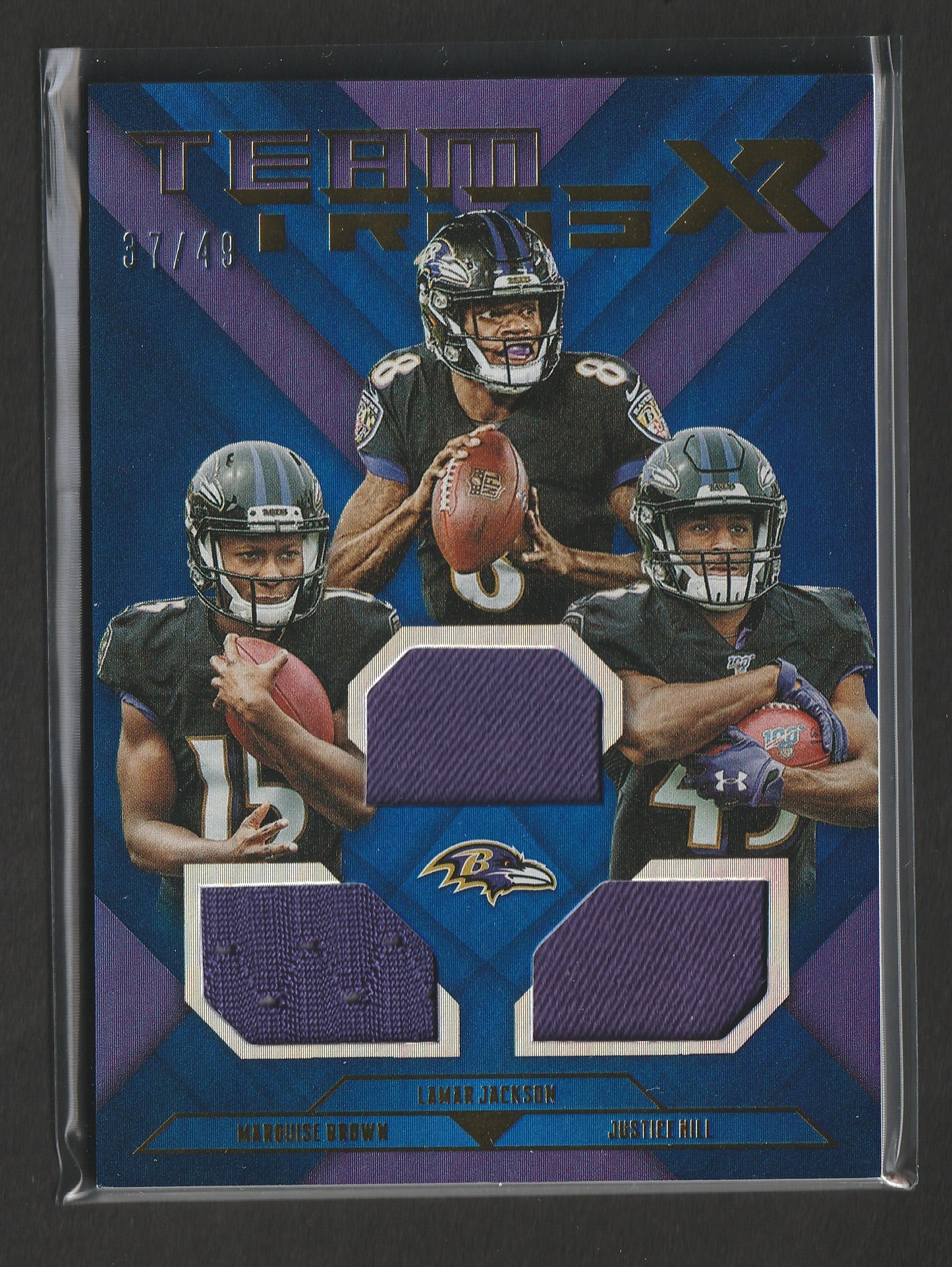 Lamar Jackson 2019 Panini XR Team Trios Materials Blue 37/49 #TT-BR Player-Worn Fiedler24