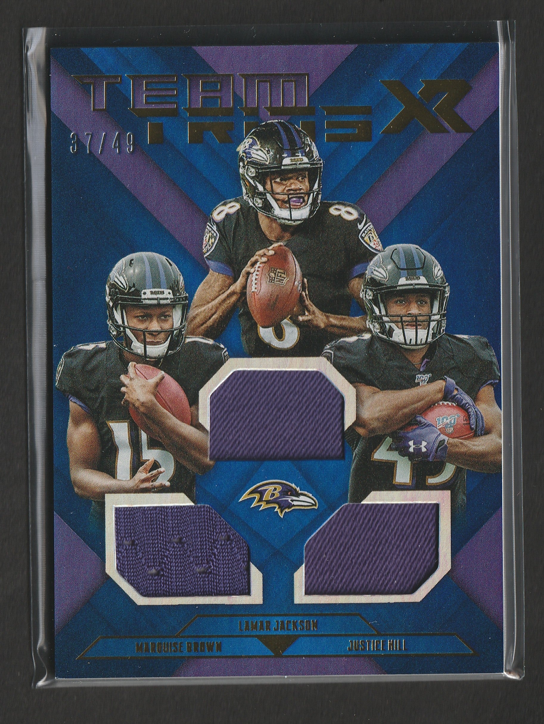 Lamar Jackson 2019 Panini XR Team Trios Materials Blue 37/49 #TT-BR Player-Worn Fiedler24
