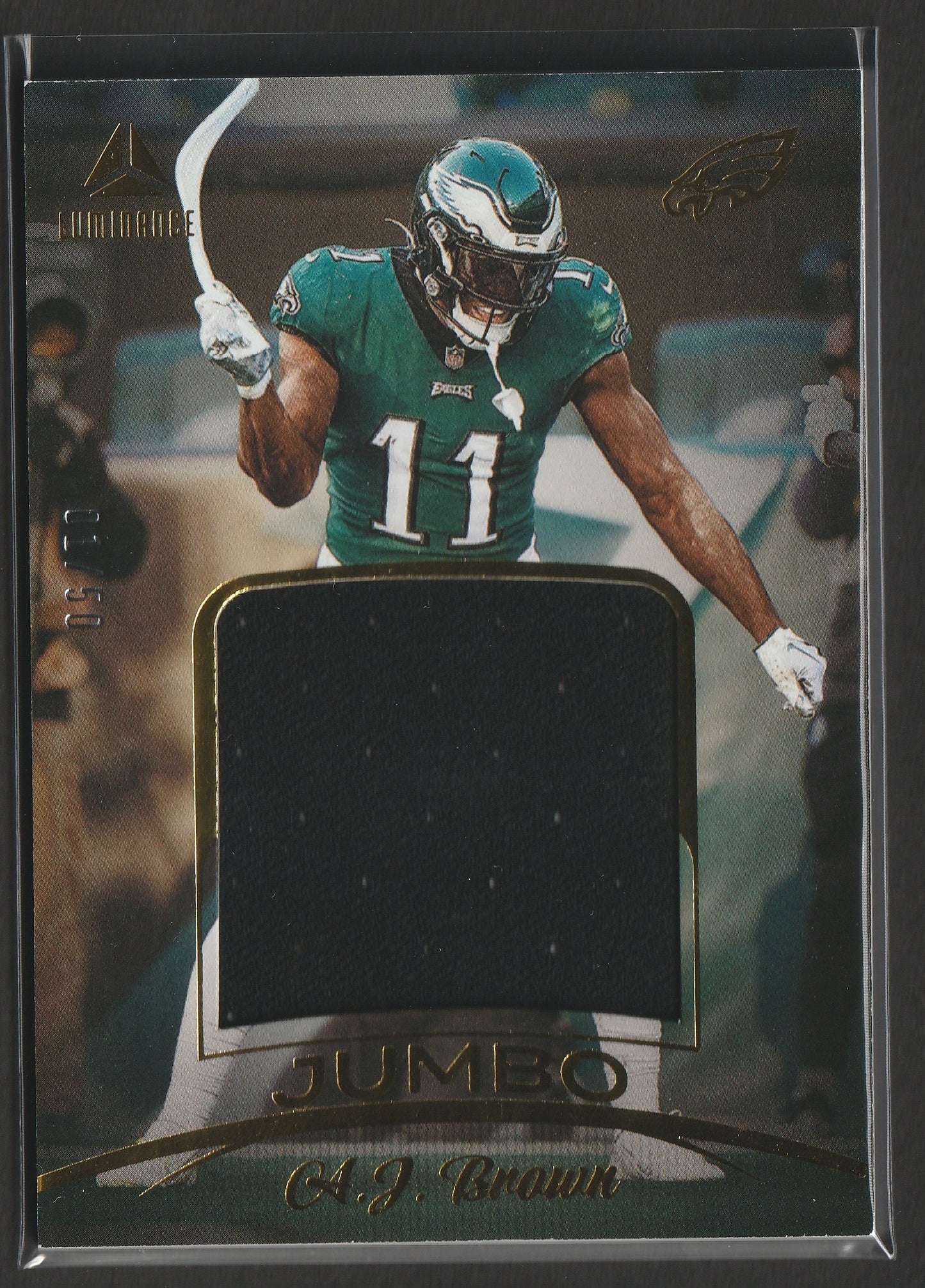 A.J. Brown 2023 Panini Luminance Relics Gold Jumbo Relics 01/50 #JUM-9 Fiedler24