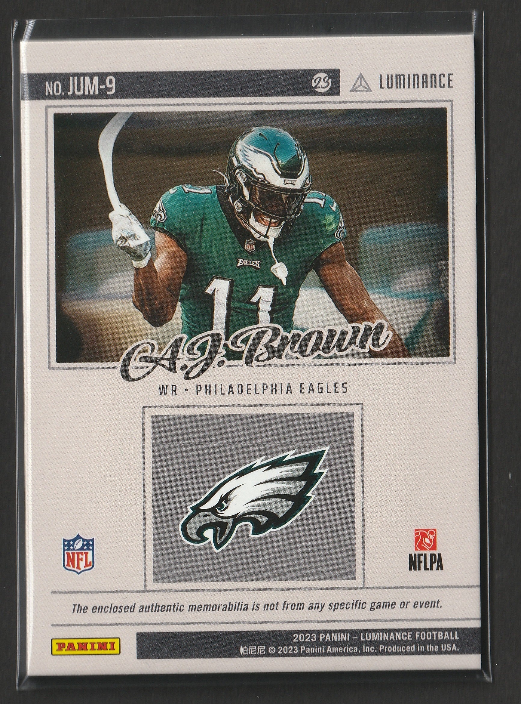 A.J. Brown 2023 Panini Luminance Relics Gold Jumbo Relics 01/50 #JUM-9 Fiedler24