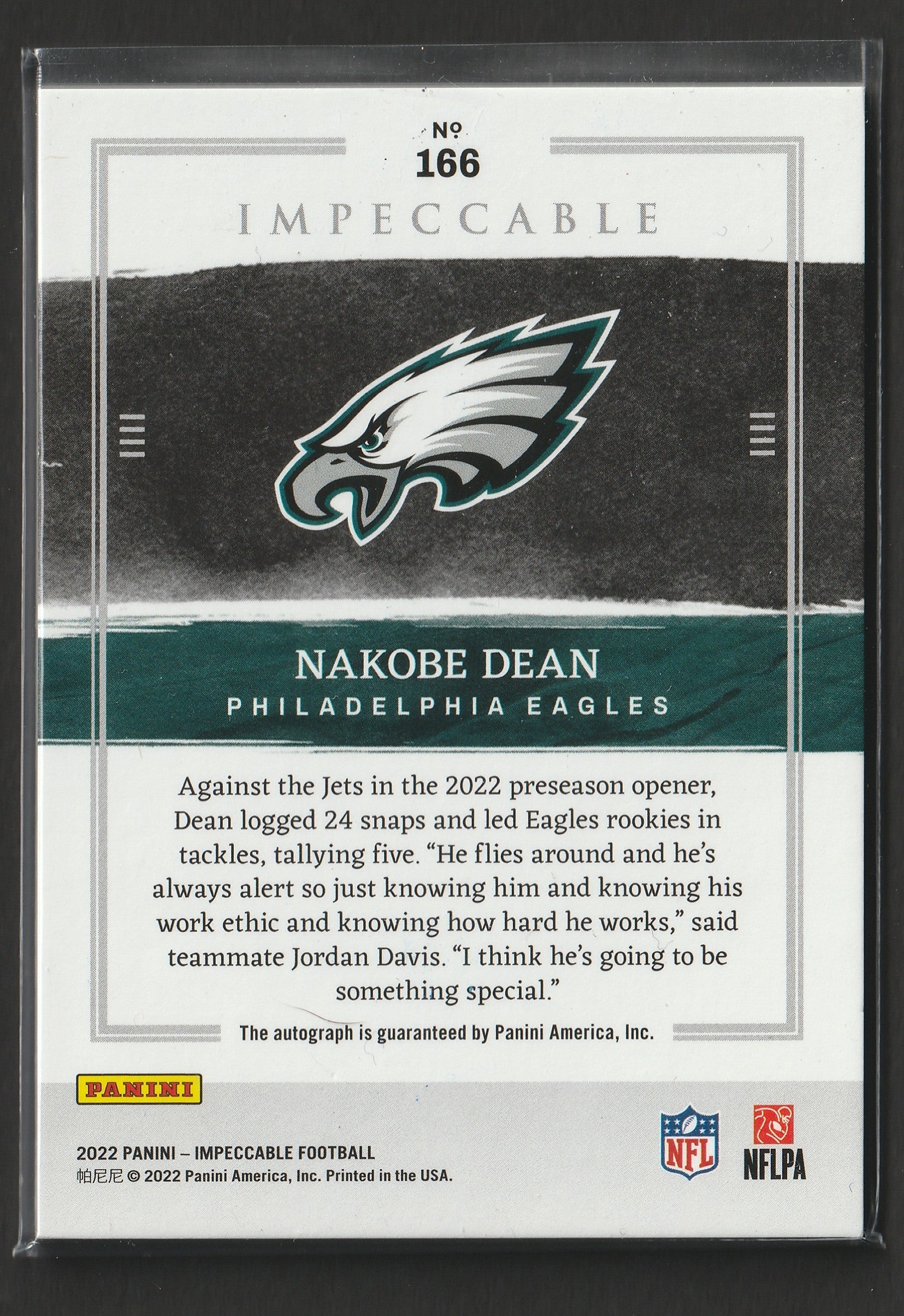 Nakobe Dean 2022 Panini Impeccable Football RC 35/99 #166 Fiedler24