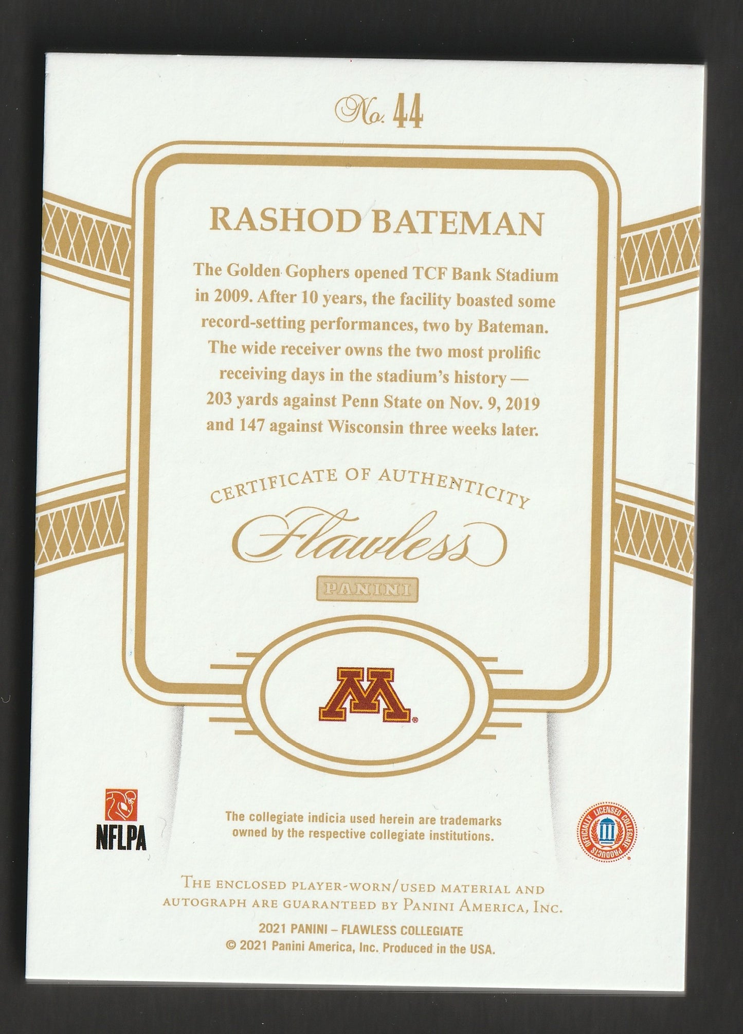 Rashod Bateman 2021 Flawless Sapphire RPA 01/15 #44 Player-Worn Fiedler24